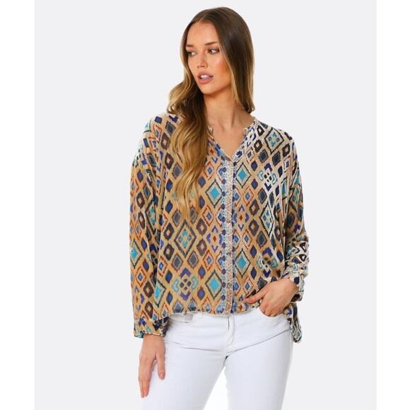 Johnny Was Multicolor Ikat Silk Blend Sheer Blouse S - Picture 1 of 7